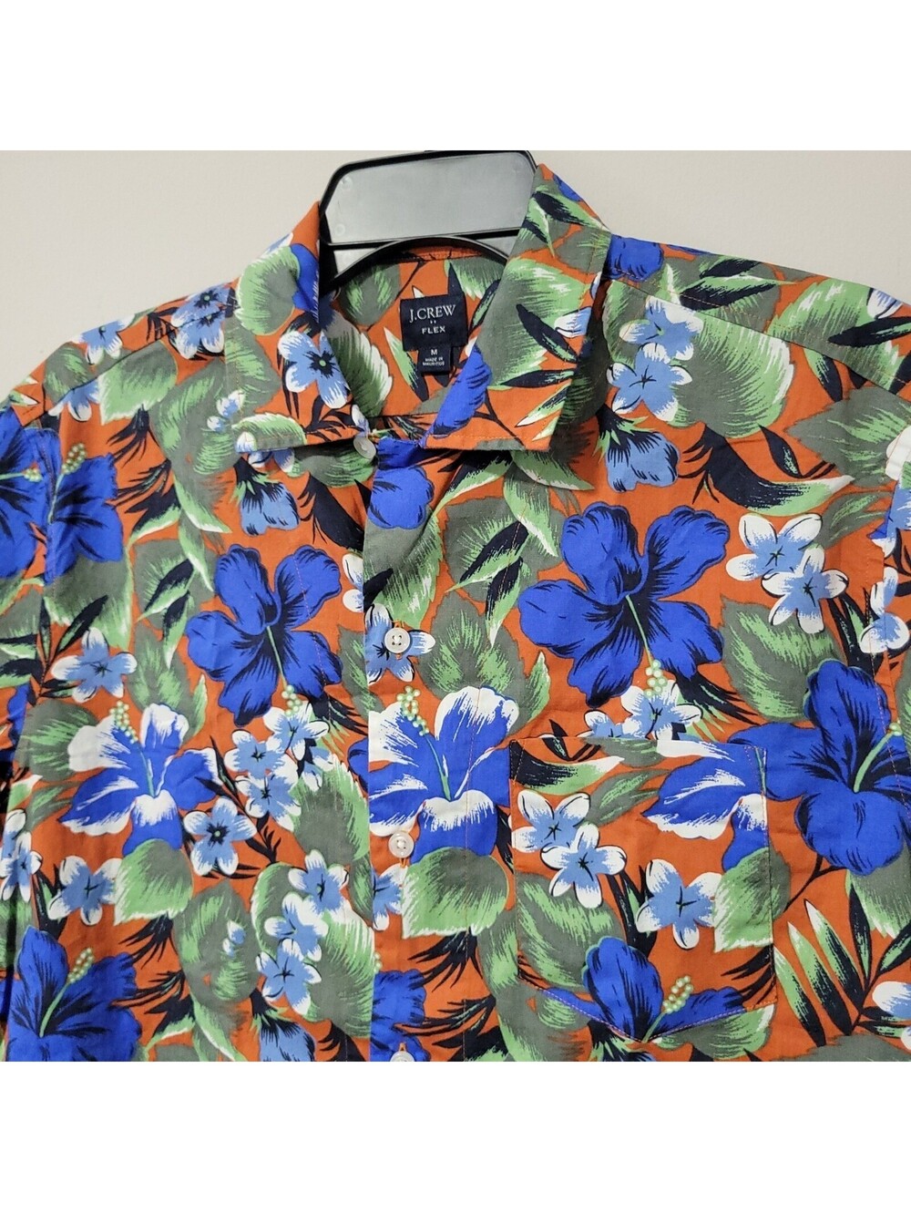 J.Crew Flex Hawaiian Button Up Shirt Mens M Green Floral Short Sleeve Tropical